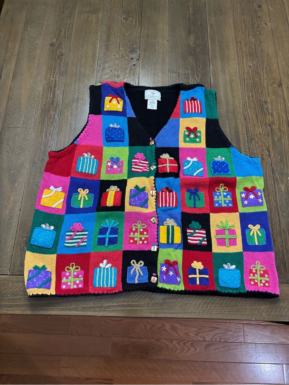 Susan Bristol Vintage 1999 Bright Multicolor Gift Patch Knit Vest
